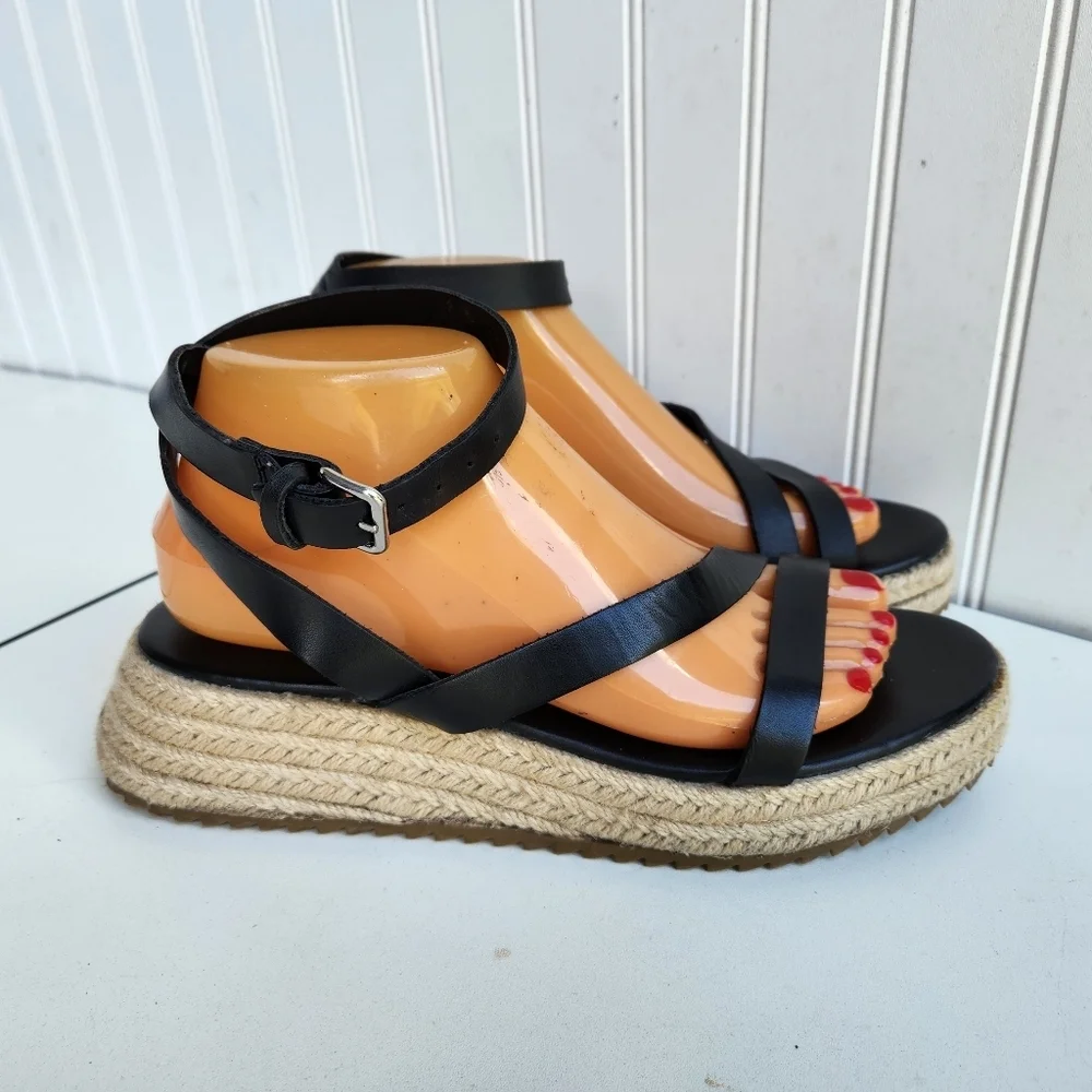 Zara Abierto Tac Heel Black Leather Espadrille Sandal size 38 US 8